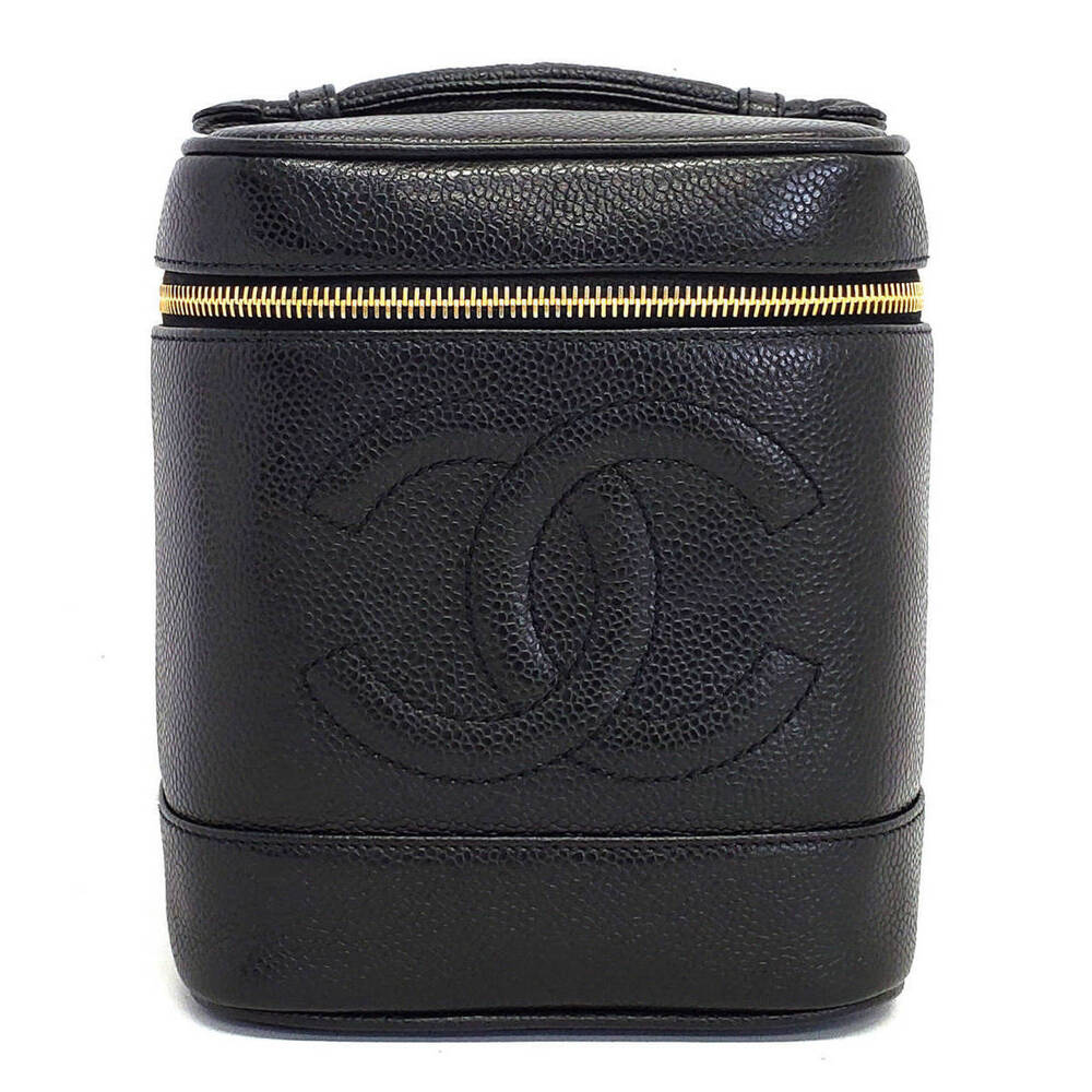 Chanel Caviar Skin Vanity Cosmetic Clutch Handbag Black Seal